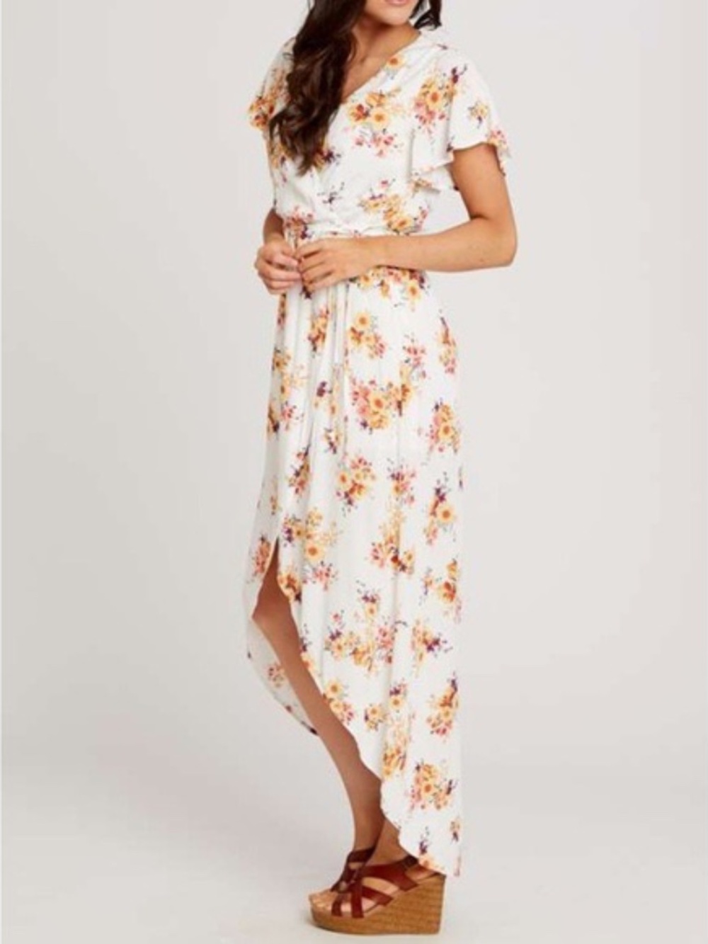 Altar'd State white/orange floral wrap midi dress